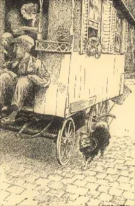 Ein Wolfsspitz begleitet seine Familie, die in einer Kutsche lebt. Szene aus dem Kinderbuch "Avonturen van een Keeshond" (Abenteuer eines Wolfsspitzes), 1950