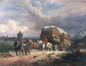 Ein siebenspänniger Frachtwagen, die Anhöhe vor dem Neuentor in Nürnberg hinauffahrend
Gemälde von Johann Adam Klein (1792 - 1875)