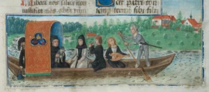Bootsfahrt des Abtes Johannes Stantenat mit Mönchen und Musikern des Klosters Salem auf dem Killenweiher bei Salem, Bodensee (Salemer Abtsbrevier, 1494/1495, Signatur: Universitätsbibliothek Heidelberg, Cod. Sal. IXd, Fol. 152r)
[Quelle: Bibliotheca Salemitana digital]