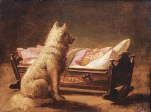 Ein Hund bewacht ein schlafendes Kind in der Wiege
Gemälde von Carl Friedrich Deiker (1836 - 1892)